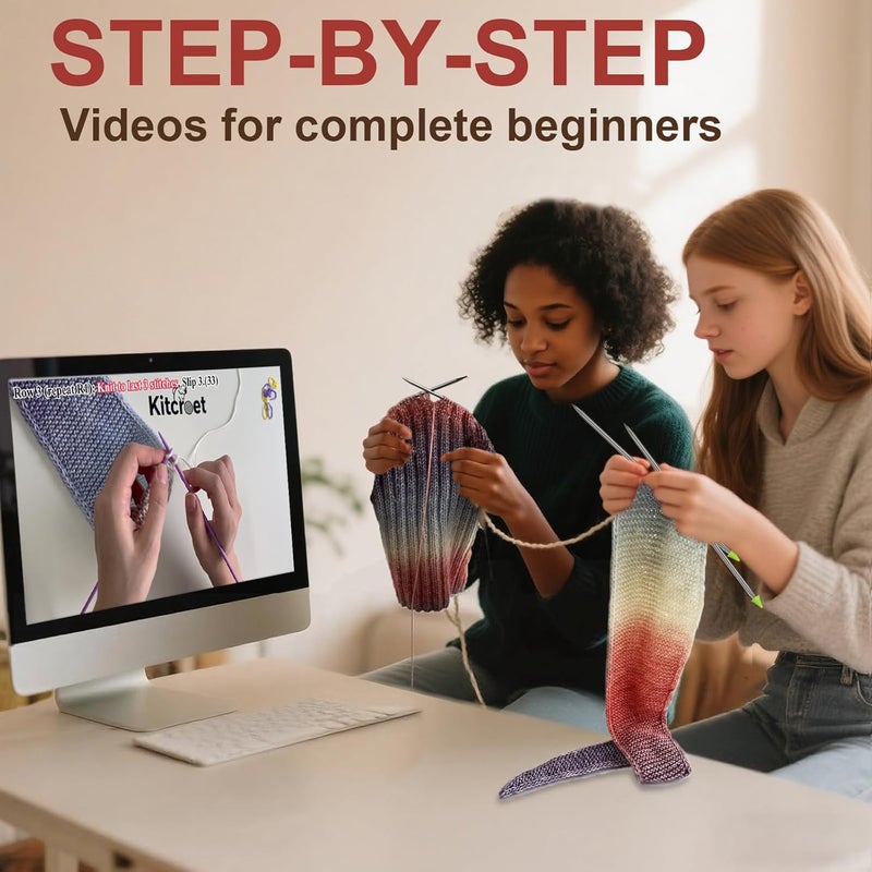 Kitcroet Knitting Kit for Beginners, Complete Beginner Knitting Kit including Knitting Needles Set, Soft Gradiant Cake Yarn, Learn to Knit Scarf, Beanie, Mittens with Step by Step Video Tutorials, New - Image 2